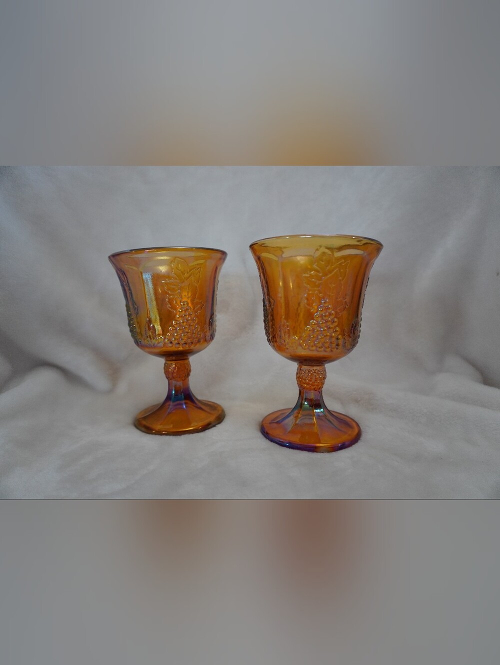 Vintage Marigold Carnival Glass Harvest Grape Goblets - Pair / Set Of Two